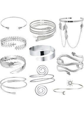 Boho Adjustable Arm Cuff Bracelets Set - 6-10Pcs Snake Feather Filigree Bangle
